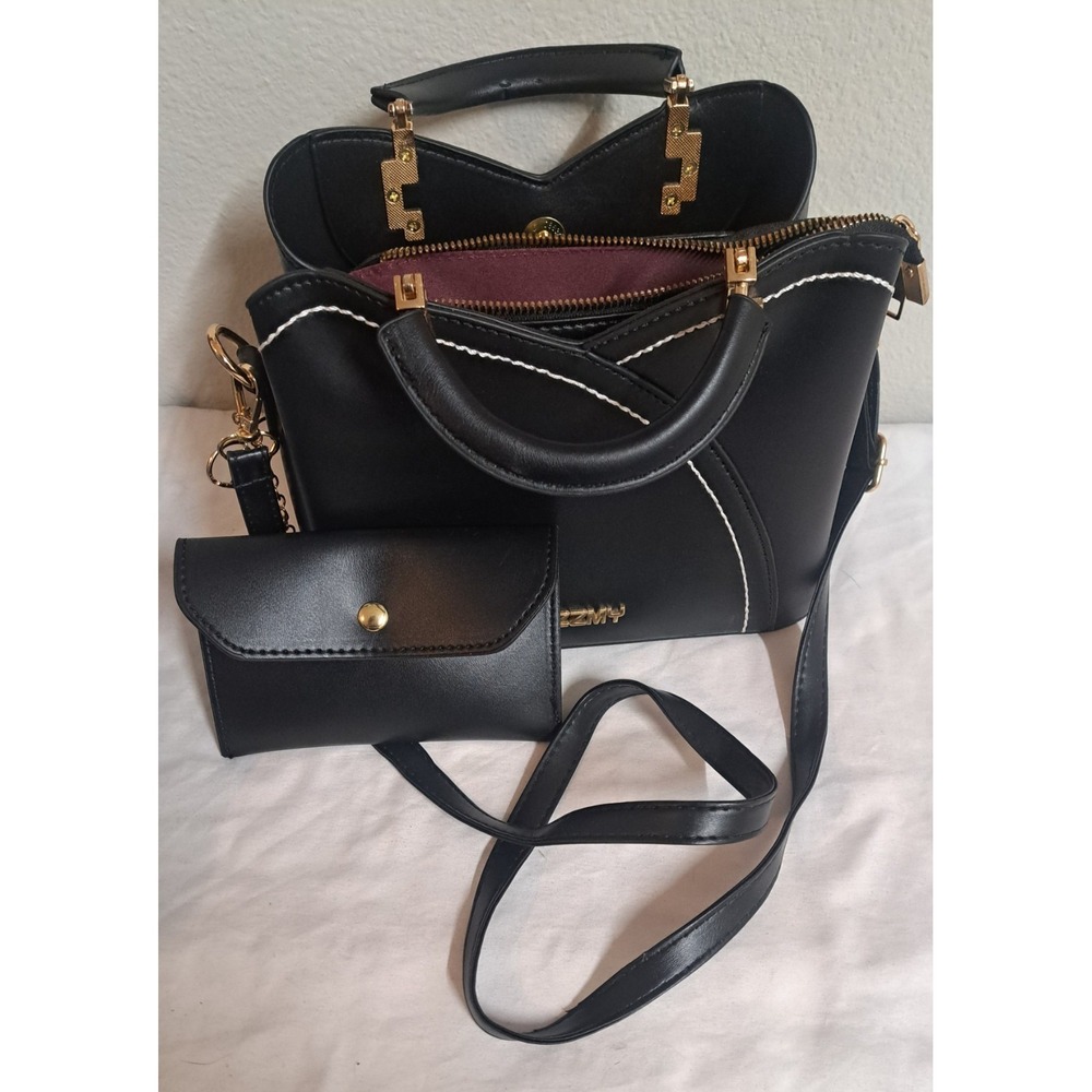 ZZMY Black Faux Leather Satchel Handbag Crossbody Purse Wallet Set Gold Tone